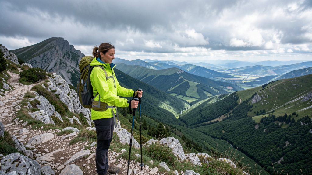 Une randonneuse prépare son équipement sur un sentier rocheux du mont Aigoual, face aux vallées verdoyantes des Cévennes sous un ciel nuageux.