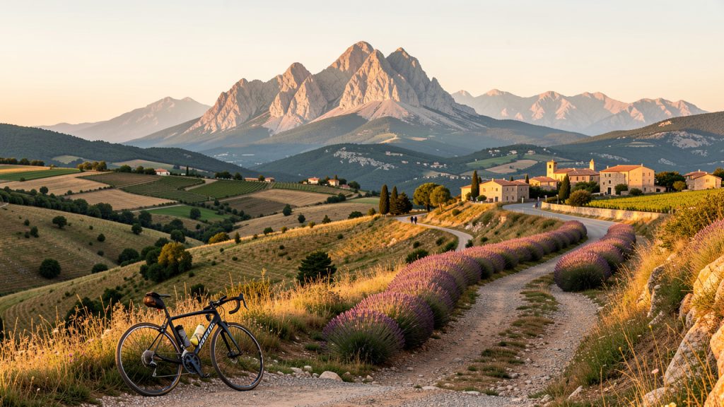 Paysage du mont Ventoux avec un vélo posé près d’une route sinueuse, un sentier de randonnée, des champs de lavande et des villages provençaux baignés par la lumière dorée.