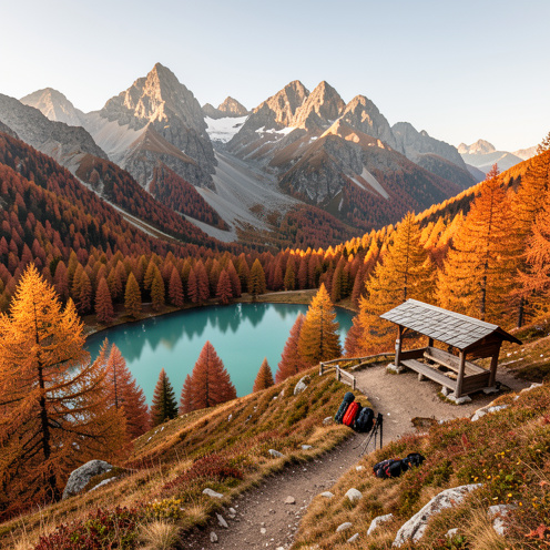 Paysage montagneux en automne avec forêts dorées, sommets alpins, lac turquoise et sentier de randonnée menant à un belvédère.