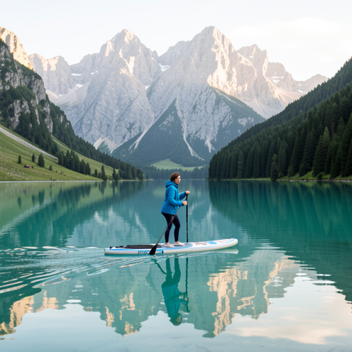 Une femme fait du paddle sur un lac turquoise entouré de montagnes et de forêts dans les Pyrénées.