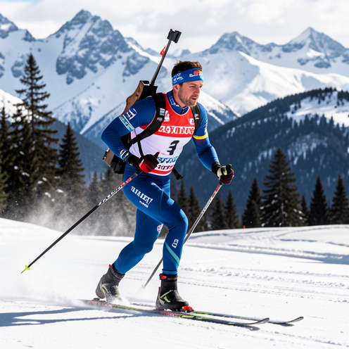 Un biathlète français concentré avance à ski sur une piste enneigée, entourée de forêts et de montagnes alpines.