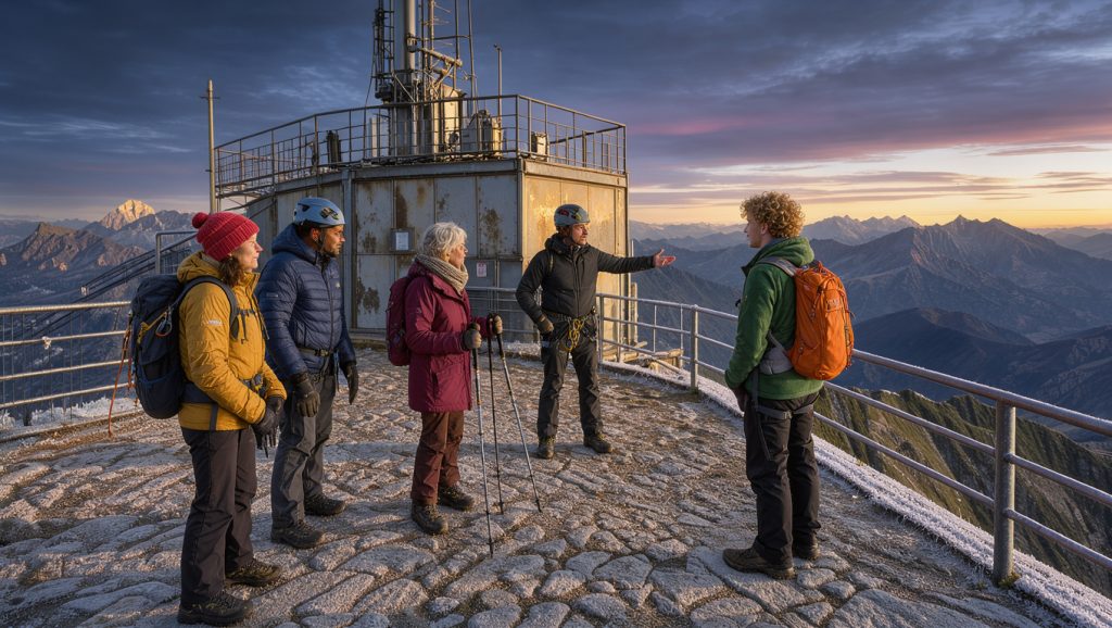 Lever de soleil spectaculaire au Pic du Midi de Bigorre, avec son observatoire dominant les sommets des Pyrénées et des visiteurs en tenue de randonnée.