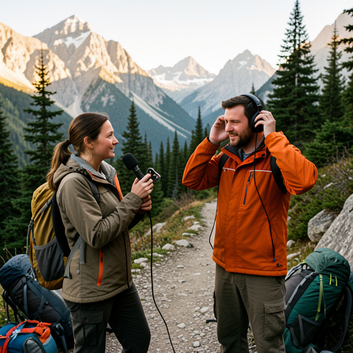 Une femme et un homme enregistrent un podcast en plein air près d’un sentier de montagne, entourés de sommets alpins, de pins et de matériel de randonnée.