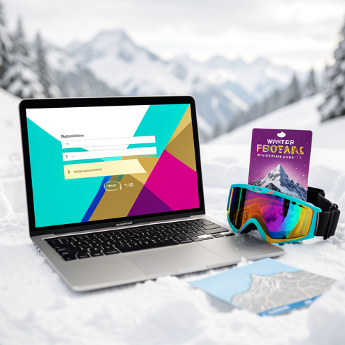 Ordinateur portable affichant une interface abstraite de préinscription, entouré d’un pass de festival, de lunettes de ski et d’une carte de montagne enneigée.