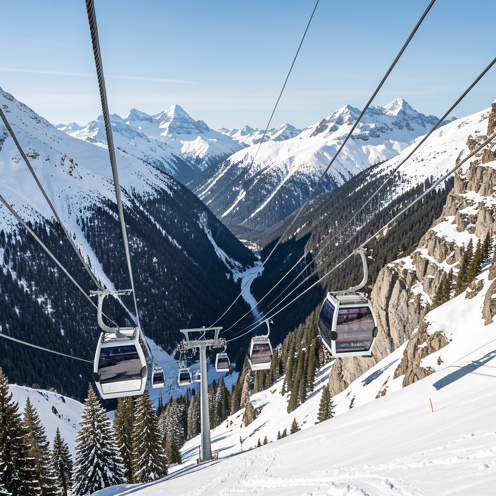Vue panoramique d'un téléphérique moderne montant vers Flaine au cœur d'un paysage alpin enneigé.