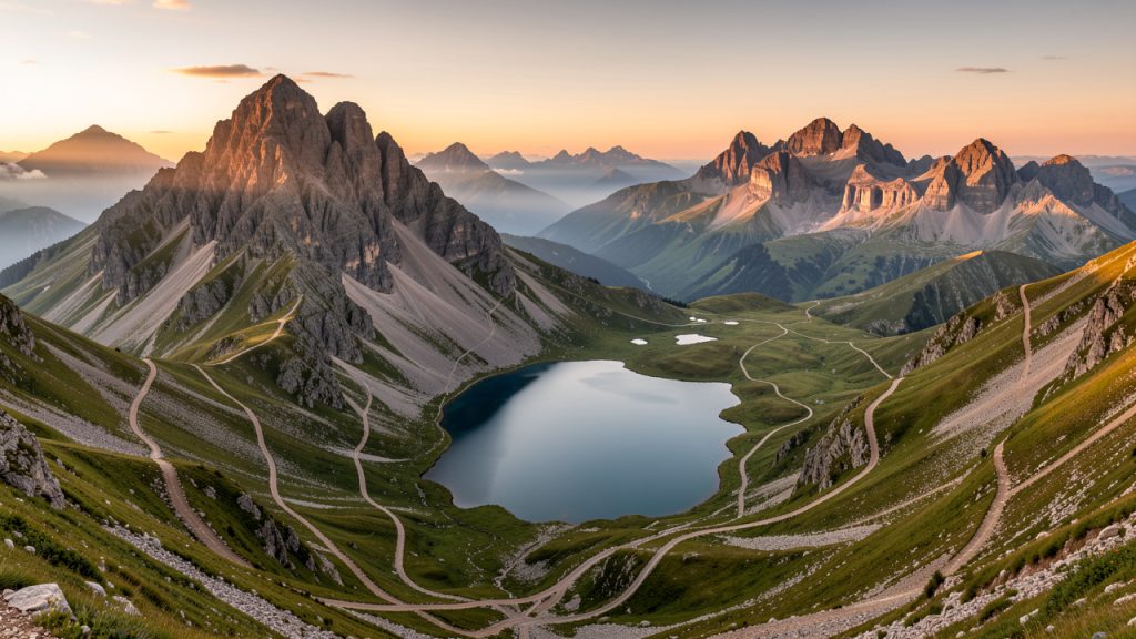 Panorama du puy de Sancy avec des crêtes volcaniques, un lac de montagne et des sentiers au lever du soleil.