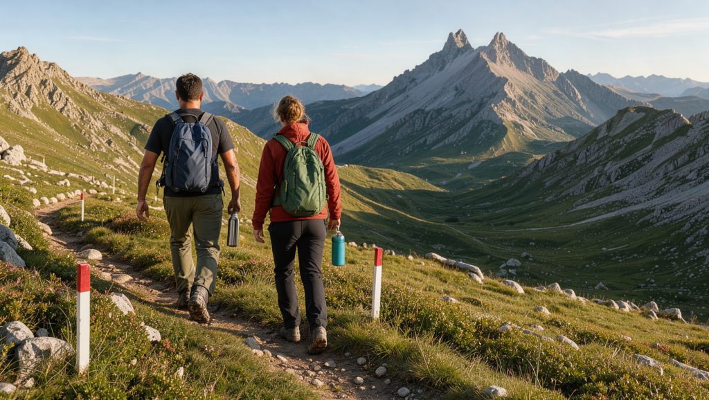Un homme et une femme équipés pour la randonnée suivent un sentier dans les paysages naturels autour du Pic du Midi d’Ossau.