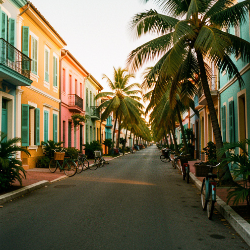 Boulevard tropical nostalgique bordé de maisons colorées, de palmiers et de vélos anciens dans la lumière dorée du soir.