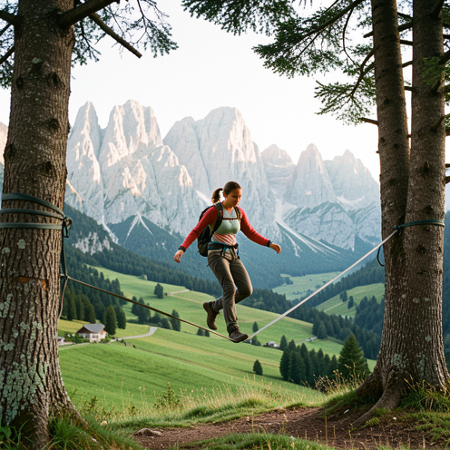 Une jeune femme pratique la slackline entre deux arbres dans un paysage de prairies et de montagnes à Lans-en-Vercors.