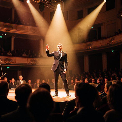 Un hypnotiseur masculin en costume sombre se produisant sur une scène éclairée de teintes dorées devant un public dans une grande salle de spectacle.