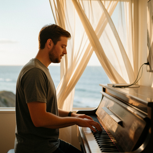 Un jeune homme barbu interprète une chanson émouvante près d’un piano vintage dans une pièce côtière baignée de lumière dorée.