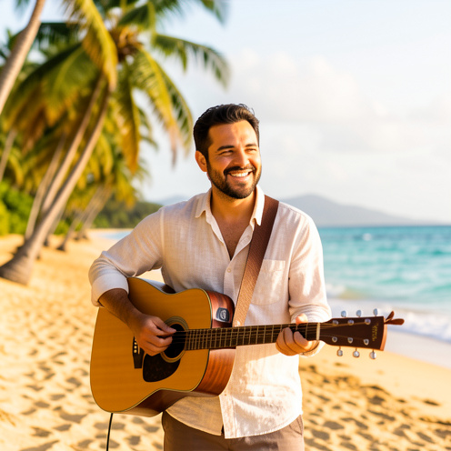 Un chanteur latino joue de la guitare sur une plage caribéenne baignée de soleil, entouré de palmiers et d’une mer turquoise.