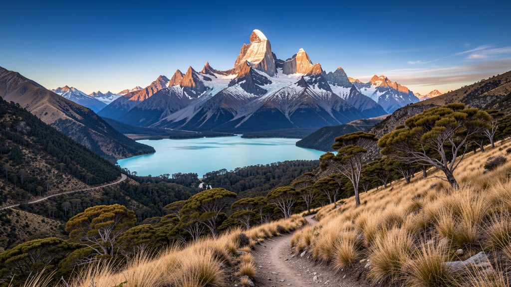 Paysage spectaculaire du mont Fitz Roy dominant des lacs turquoise, une forêt dorée et un sentier de trek en Patagonie argentine.