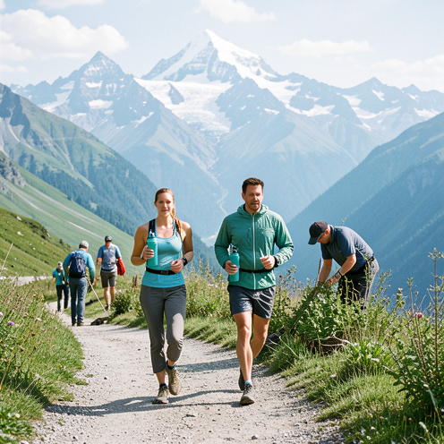 Deux coureurs, une femme et un homme, avancent sur un sentier alpin près du mont Blanc dans un environnement préservé, tandis que la végétation est restaurée.