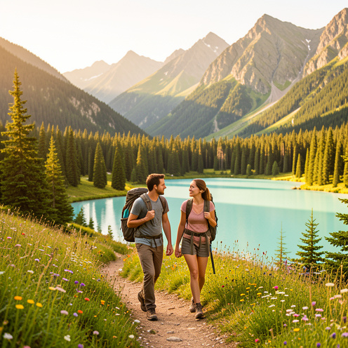 Un homme et une femme randonnent sur un sentier alpin en été, entourés de fleurs sauvages, de forêts de pins, d’un lac turquoise et de sommets verdoyants.
