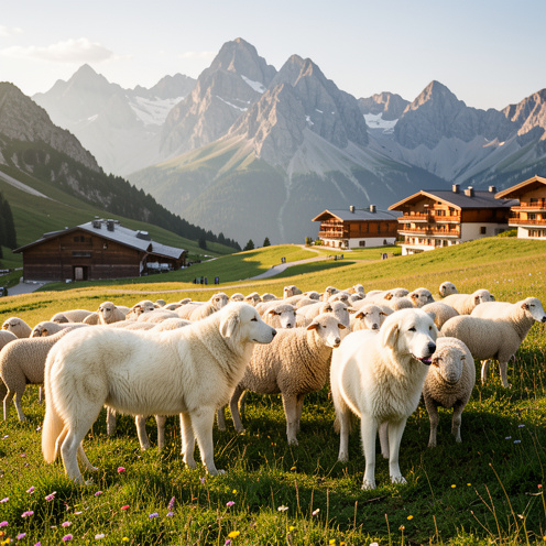 Deux grands patous blancs veillent calmement sur un troupeau de moutons dans une prairie alpine près de la station de Valberg, entourée de sommets montagneux et de chalets.