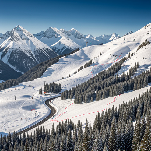 Vue panoramique d’une station alpine enneigée avec pistes de ski, route d’accès, remontées mécaniques et sentiers en forêt de sapins.