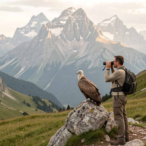 Vautour fauve perché sur un rocher dans les Alpes près d’Albertville, observé à distance par un randonneur équipé de jumelles.