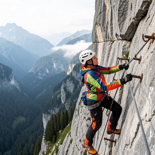 Une femme équipée d’un casque, d’un baudrier et de gants progresse prudemment sur une via ferrata rocheuse près de Saint-Pierre-de-Chartreuse, avec les montagnes de la Chartreuse en arrière-plan.