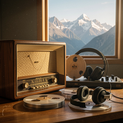Ancienne radio en bois accompagnée de bandes audio et d’un casque, avec des montagnes majestueuses visibles par la fenêtre.