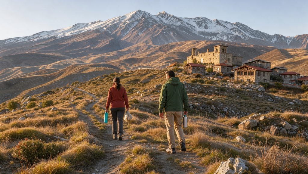 Deux randonneurs parcourent un sentier de montagne face au mont Ararat, avec un monastère arménien et un village traditionnel en arrière-plan.