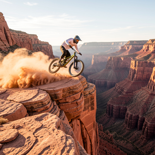 Un homme à vélo tout-terrain s’élance dans les airs depuis une immense falaise de grès rouge, entouré de poussière et de canyons baignés par la lumière dorée.